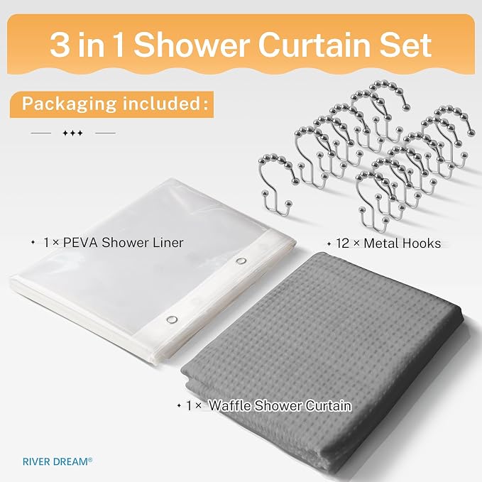 River Dream 3 in 1 Shower Curtain Set, Extra Long Waffle Fabric Shower Curtain - Image 6