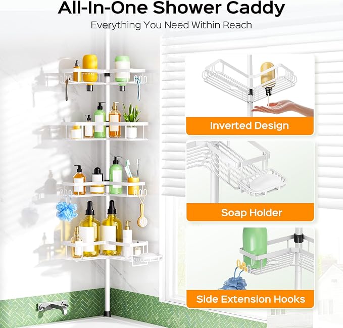 HAMITOR Corner Shower Caddy White: 4-Tier Rustproof Bathroom Bathtub Organizer - Image 6