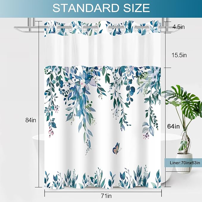 No Hook Shower Curtain and Liner Set, Dark Blue Eucalyptus Floral Shower - Image 6