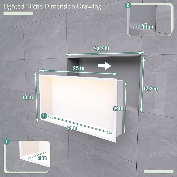 24"x12" Lighted Shower Niche ，Stainless Steel Waterproof Shower Storage - Image 7