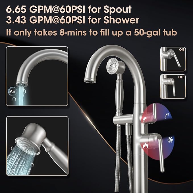 Brushed Nickel Freestanding Bathtub Faucet, Brass Floor Mount Tub Faucet High - Image 3