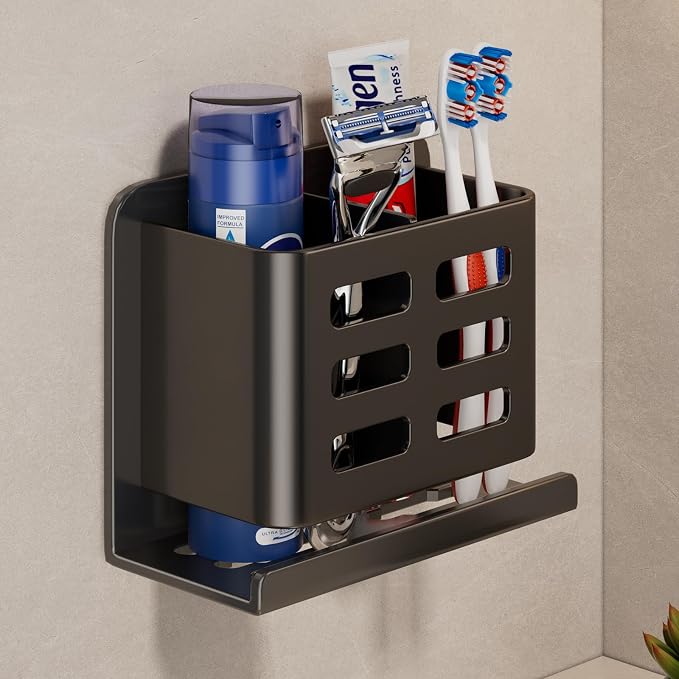 Black Wall-Mounted Toothbrush Holder, Aluminum Material Shower Shaver Storage by Unknown