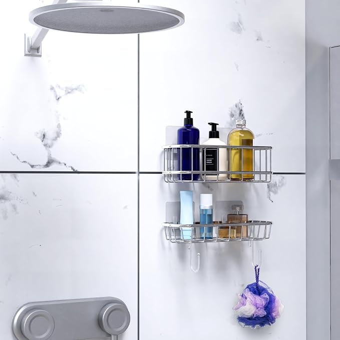 Simple Houseware Bathroom Adhesive Wall Mount Standard Shower Caddy w/Hooks - Image 7