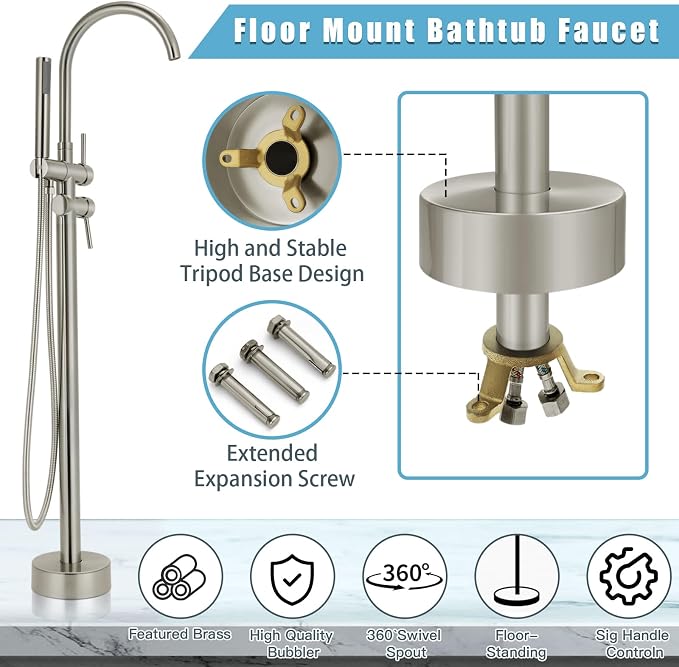 Floor Mount Bathtub Faucet，Freestanding Tub Faucet ，High Flow Dual Function 360 - Image 5