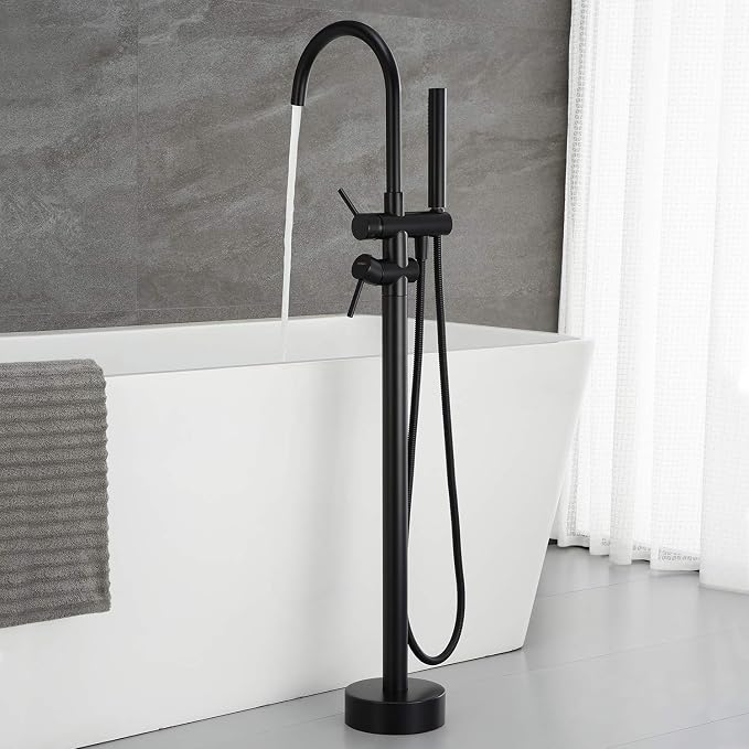 Freestanding Tub Filler Bathtub Faucet Black Floor Mount Brass Bathroom Faucets - Image 3