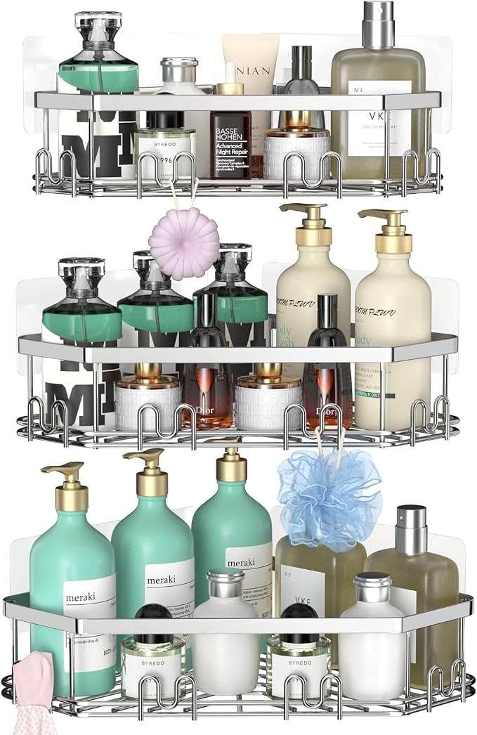 STEUGO Corner Shower Caddy, 3 Pack Adhesive Shower Corner Organizer Shelves - Image 2