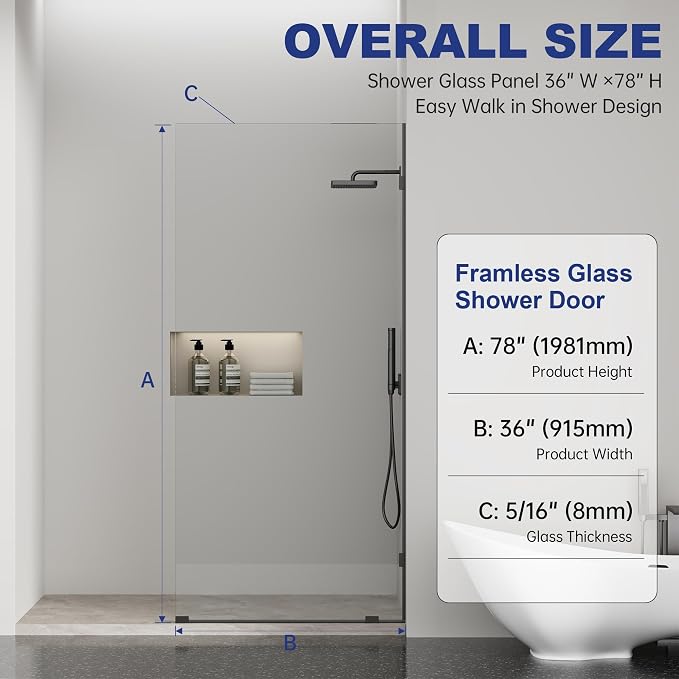 Frameless Fixed Shower Screen 36" W × 78" H, Shower Glass Panel, 5/16" SGCC - Image 6