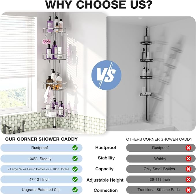Corner Shower Caddy Tension Pole: Stainless Steel Rustproof 4-Tier Shower - Image 2