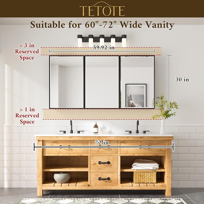 TETOTE 60" x 30" Brushed Nickel Medicine Cabinet Storage - Image 3