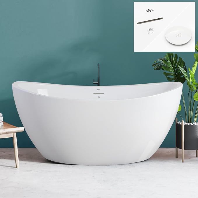 FerdY Naha 59" Acrylic Freestanding Bathtub, Curve Edge Freestanding Soaking by FerdY