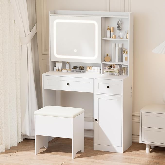 Vanity Table with Hidden Storage & LED Mirror by Unknown