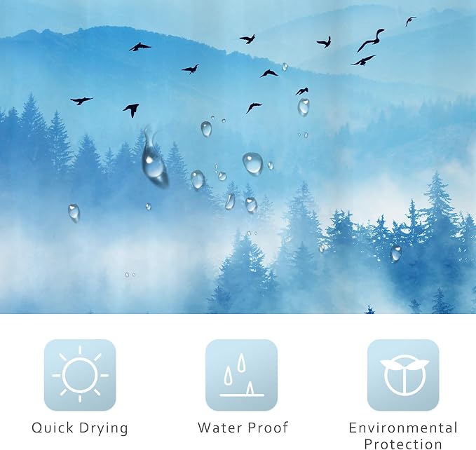 Riyidecor Extra Long Blue Shower Curtain 72Wx78H Inch Foggy Misty Nature - Image 7