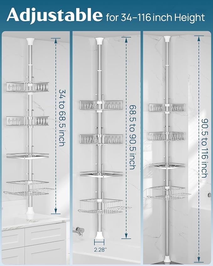 SElRIONE Corner Shower Caddy Tension Pole, Quick Setup, Rust-Free Bathroom - Image 2