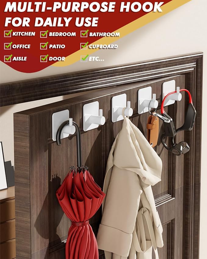Auxmir Adhesive Hooks Heavy Duty 30lb Wall Hooks, 5 Pack Self Adhesive Damage - Image 7