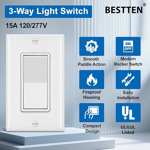 BESTTEN 40 Pack 3-Way Decorator Wall Light Switch, 15A 120V/277V, On/Off Rocker - Image 2