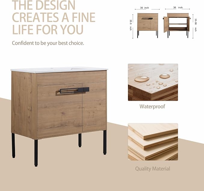 36 inch Bathroom Vanity with Sink, Single Sink Modern Mid Century Bathroom - Image 6