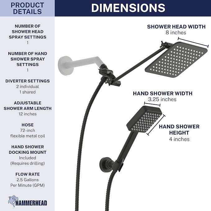 HammerHead® Solid Metal Dual Shower Head Combo — 8" Square Rain Shower Head - Image 7