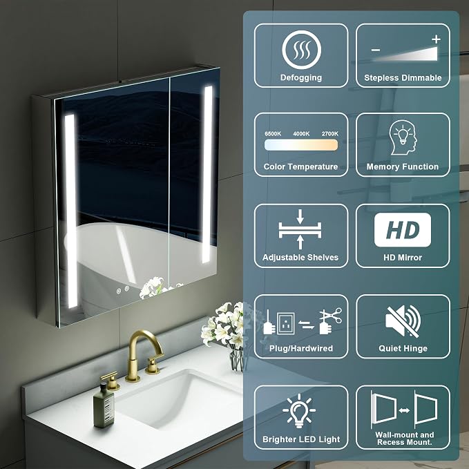 WELLFOR 30" X 30" LED Medicine Cabinet - Image 3