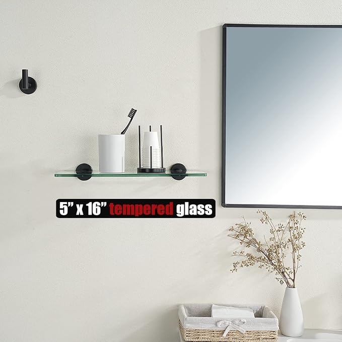 JQK Bathroom Glass Shelf Black, Tempered Glass Shower Storage 16 by 5 inches - Image 2