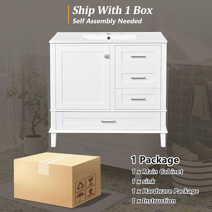 36" Bathroom Vanity with Solid Pine Frame, 1 Soft Close Door and 3 Drawers - Image 7