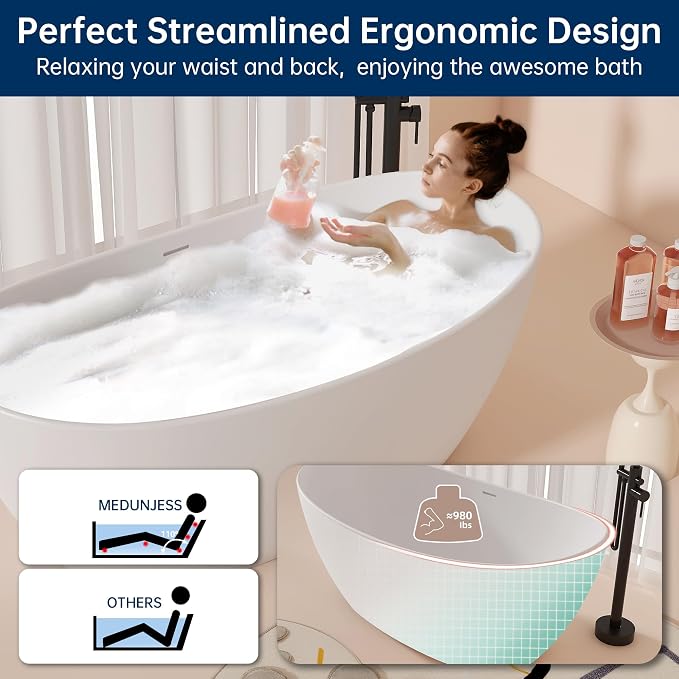 65'' Freestanding Solid Surface Resin Stone Bathtub, Freestanding Tub, - Image 9