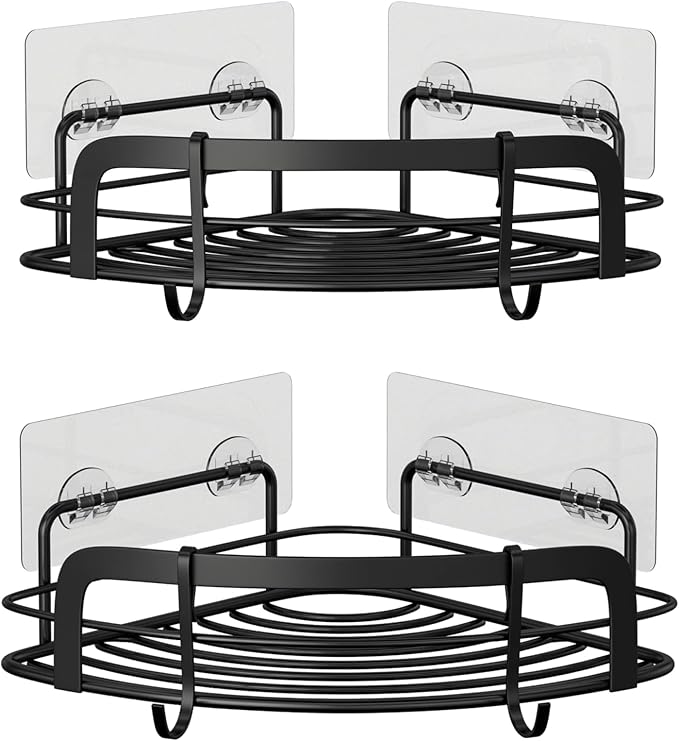 STEUGO Black Bathroom Corner Shower Shelfs, Adhesive Wall Mounted Shower Caddy - Image 2