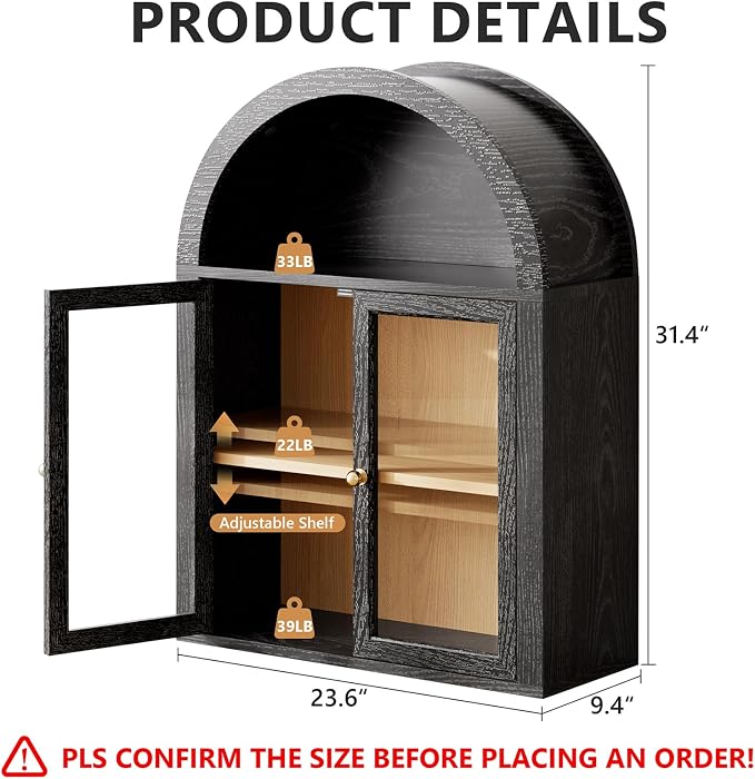 Black Arched Wall Cabinet, Glass Display Wall Mounted Cabinet - Image 2