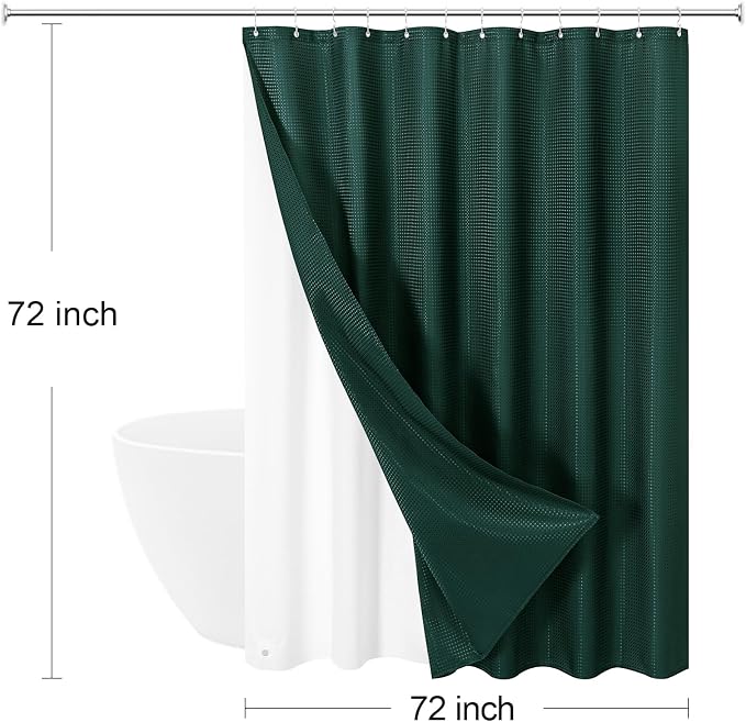 3 in 1 Shower Curtain Set, Dark Green Waffle Shower Curtain and PEVA Liner Set - Image 8