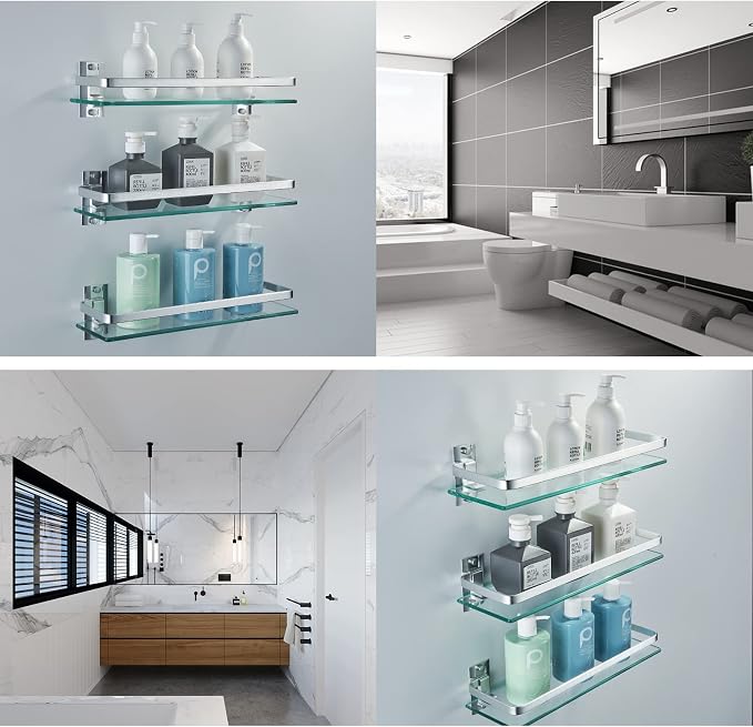 AIJALY 2 Pack Bathroom Glass Shelf, 15.7 Inches Silver Bathroom Shower Glass - Image 4