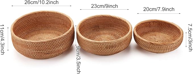 Round Rattan Fruit Baskets Woven Storage Bowls Key Holder Stackable - Image 5