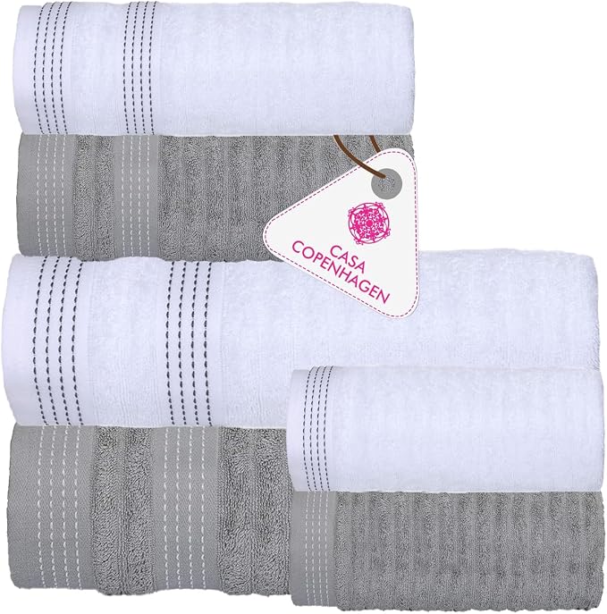 CASA COPENHAGEN Elegance 6 Pieces Towel Set- Grey Violet + White, 550 GSM 2 by CASACOPENHAGEN