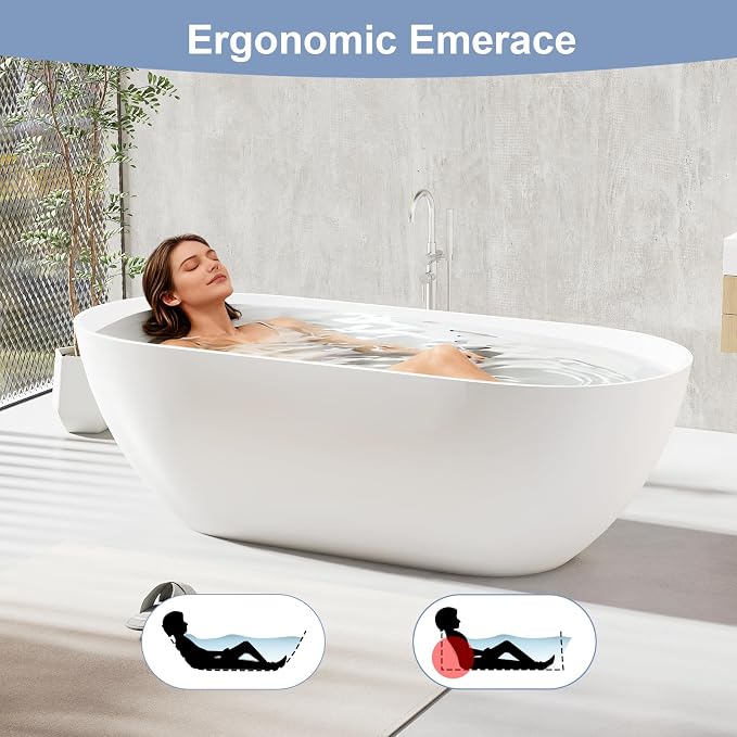 59 Inch Solid Surface Freestanding Bathtub, Oval Shaped Soaking Stone Resin - Image 3