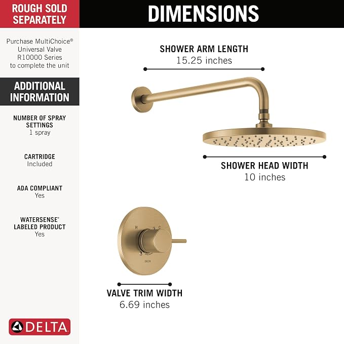 Delta Modern 14 Series Round Rain Shower Faucet Set, Brushed Gold Shower Head - Image 3