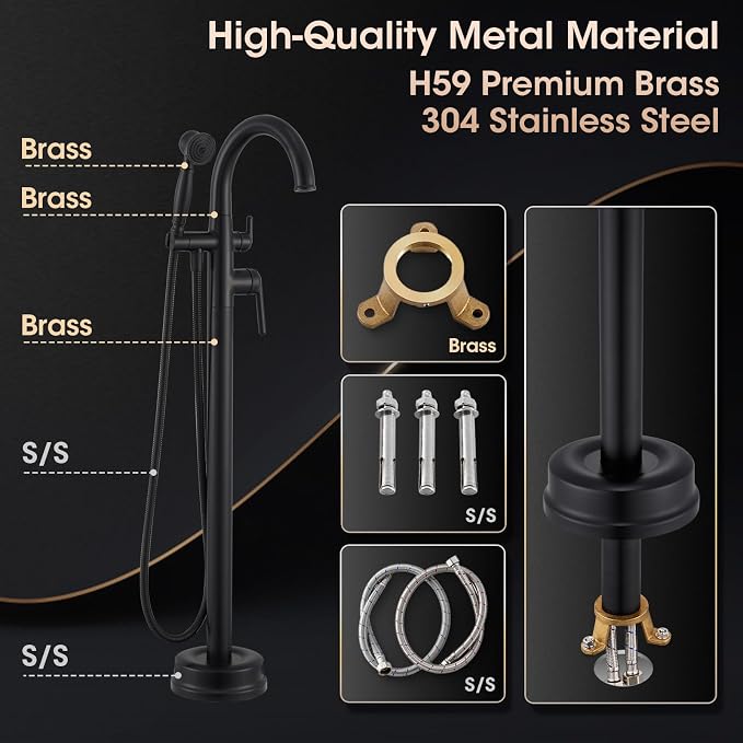 Freestanding Bathtub Faucet Matte Black Floor Mount Tub Faucets High Flow Max - Image 7