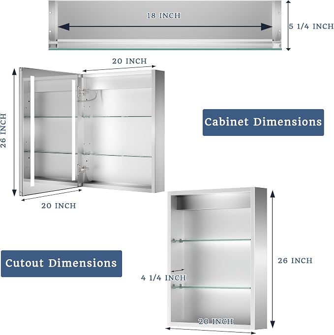 ExBrite Lighted Bathroom Medicine Cabinet, 20 x 26 Inch, Recessed or Surface - Image 2