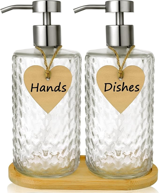 Glass Soap Dispenser Set with Bamboo Tray by HOME