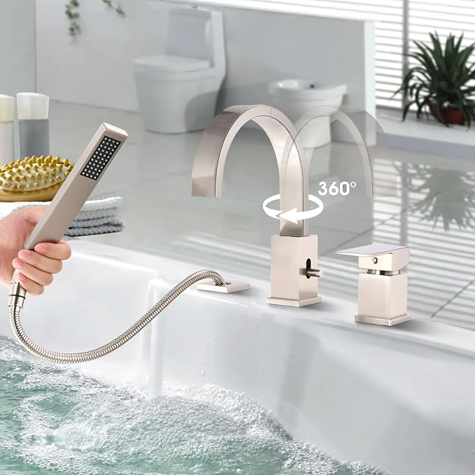 Brass Roman Tub Faucet with Sprayer, Deck Mount Bathtub Faucet with Hand Shower - Image 2