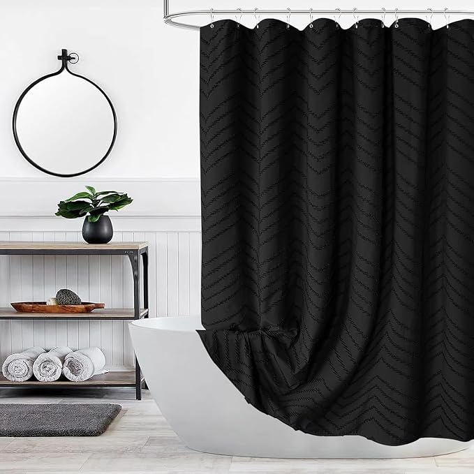 Black Boho Shower Curtain 72 x 78 Inches Woven Fabric Shower Curtain Tufted by TURKIO