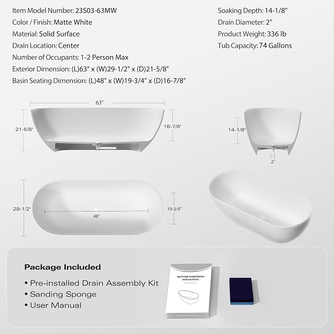 Abruzzo 63" Freestanding Bathtub Solid Surface - Image 7