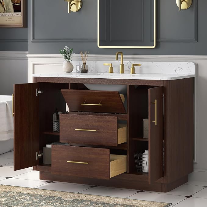48 Inch Bathroom Vanity with Sink, Solid Wood Frame with Engineered Marble - Image 5