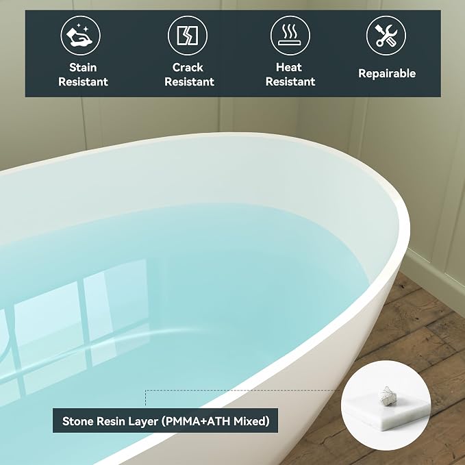 FerdY Goa 67" Resin Stone Freestanding Bathtub, Elegant Oval Freestanding - Image 6