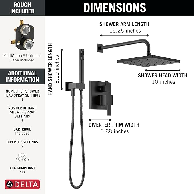 Delta Modern 14 Series Square Rain Shower System Faucet Set, Rainfall Matte - Image 3