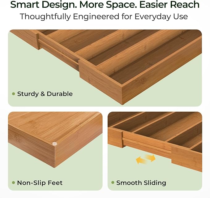 Carbonized Bamboo Kitchen Drawer Organizer, 5 Slots Expandable Silverware - Image 6