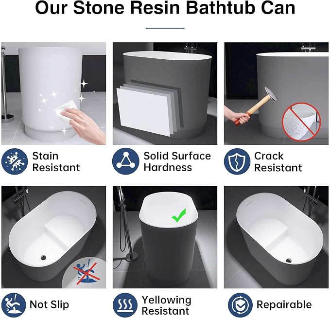 39" Japanese Soaking Bathtub, Freestanding Solid Surface Resin Stone Bathtub - Image 7