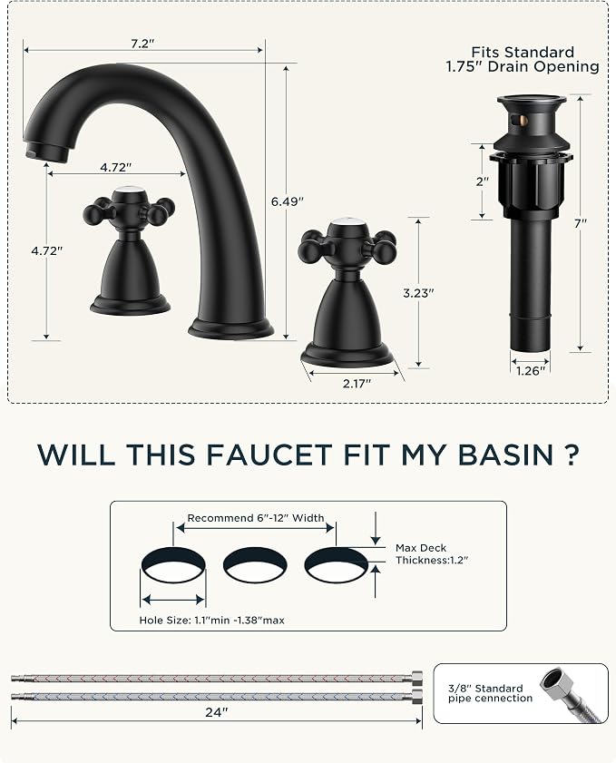 FORIOUS Bathroom Sink Faucet 8 Inch, Matte Black Bathroom Faucet 3 Hole - Image 2