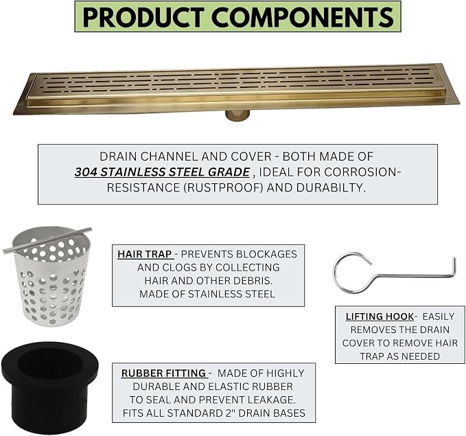 SereneDrains 304 Stainless Steel 39 Inch Brushed Gold Shower Drain Kit Broken - Image 3