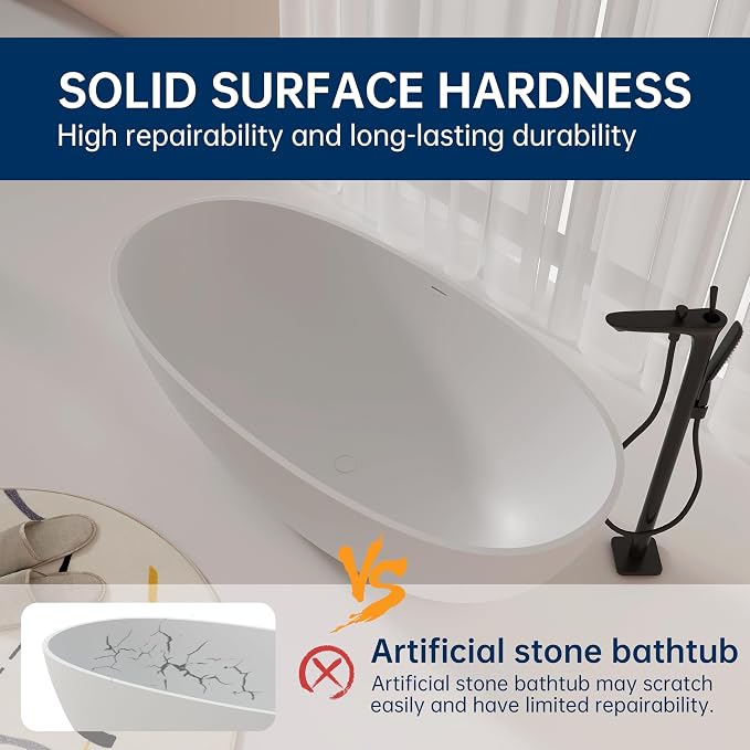 61'' Resin Stone Soaking Bathtub Oval Solid Surface Freestanding Soaking - Image 8