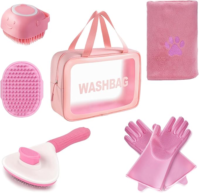 6PCS Pink Dog Washing Kit with Dog Brush, Shampoo Brush, Bath Scrubber by Kemodia