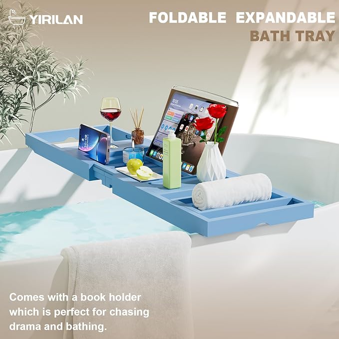 Yirilan Bamboo Bathtub Tray Caddy, 1 or 2 Person Expandable Wooden Bathroom Tray - Image 6