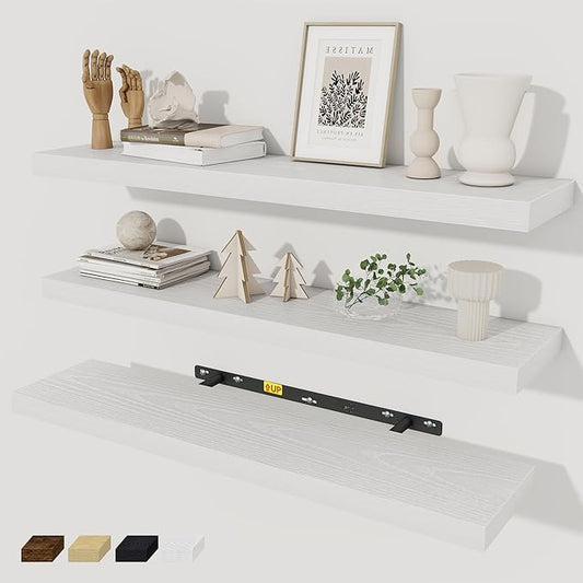 Fun Memories 30 Inch Floating Shelves Set of 3, Farmhouse White Wall Shelves by FunMemories